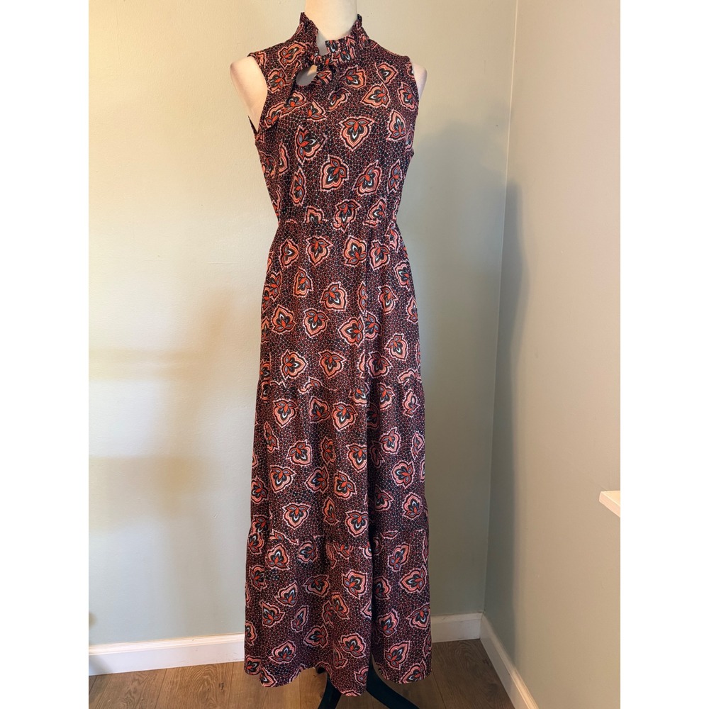 Paisley Maxi Dress Sleeveless Tie Neck Orange S boho whimsi resort festival y2k